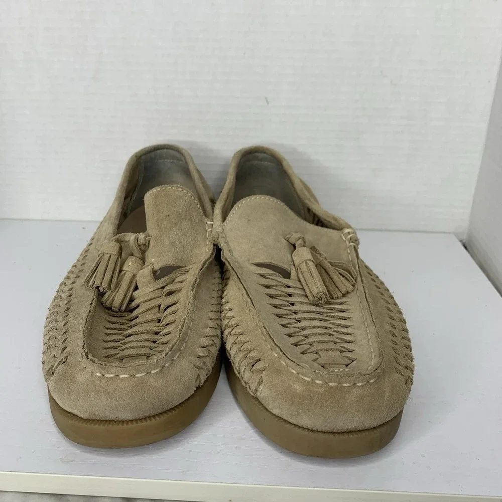 ASOS DESIGN loafers with weave detail in stone suede with natural sole